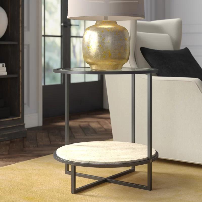 Harlow Transitional Chairside Table with Glass Top and Stone Shelf