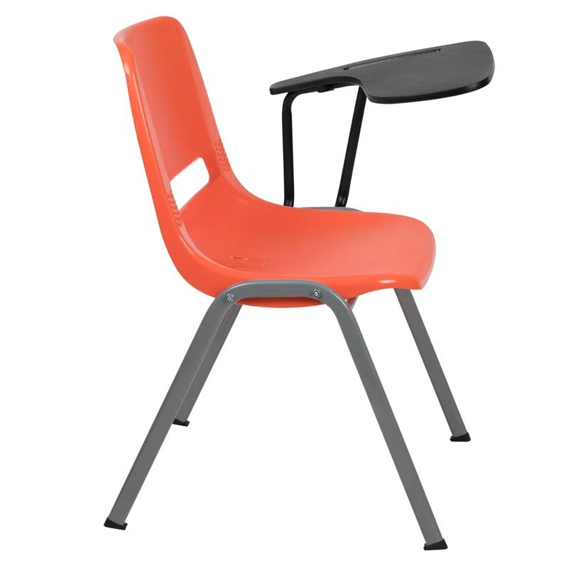 Compact Orange Ergonomic Shell Chair with Flip-Up Tablet Arm