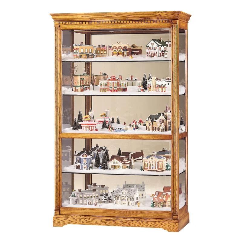 Golden Oak Traditional Lighted Curio Cabinet with Beveled Glass