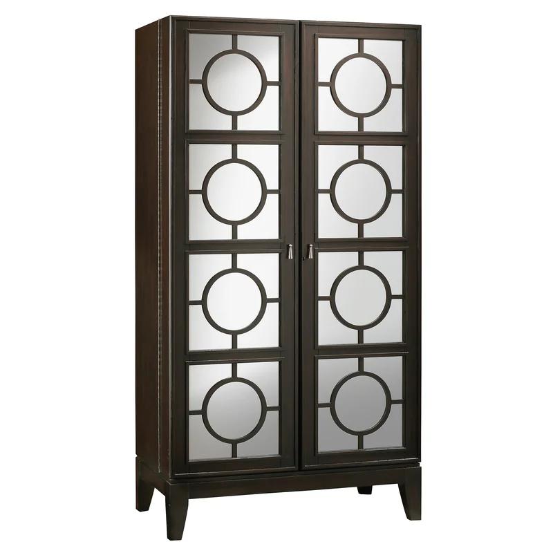 Transitional Brown Bar Cabinet with Mirrored Geometric Doors