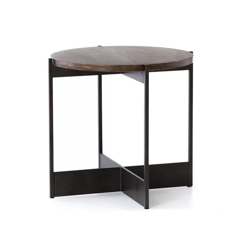 Round Brown and Gray Oak Metal End Table