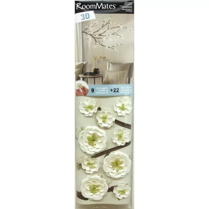 Elegant White Blossom Branch 31-Piece Wall Decal Set with 3D Flowers