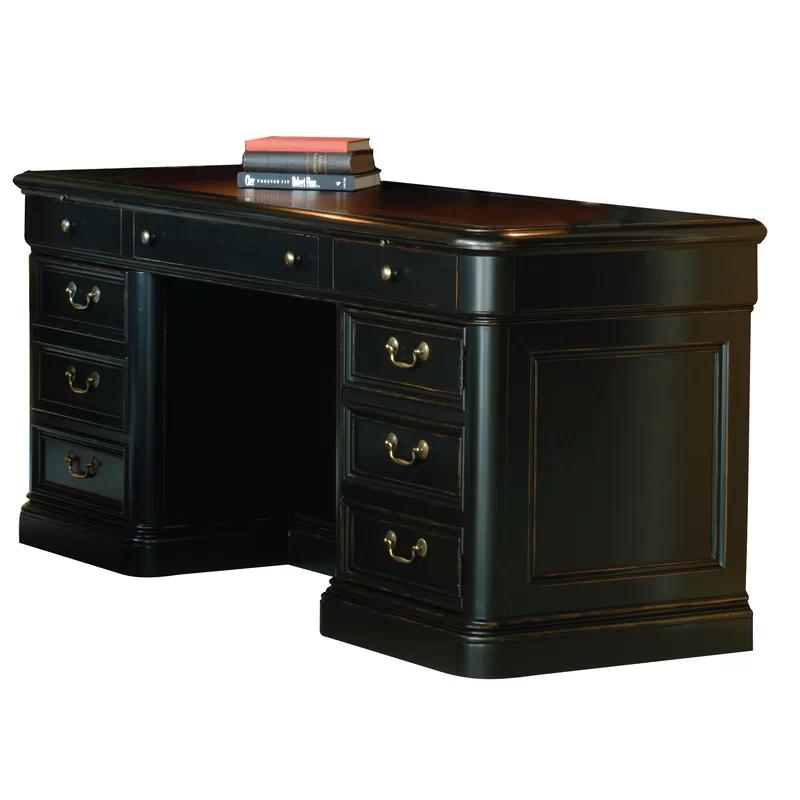 Executive Black-Brown Wood Desk with Power Outlet and Filing Cabinet