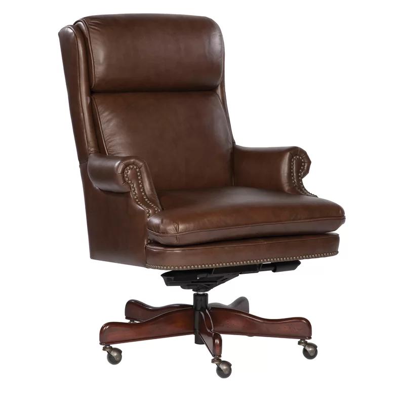 Executive Swivel Chair in Brown Leather with Traditional Wood Base
