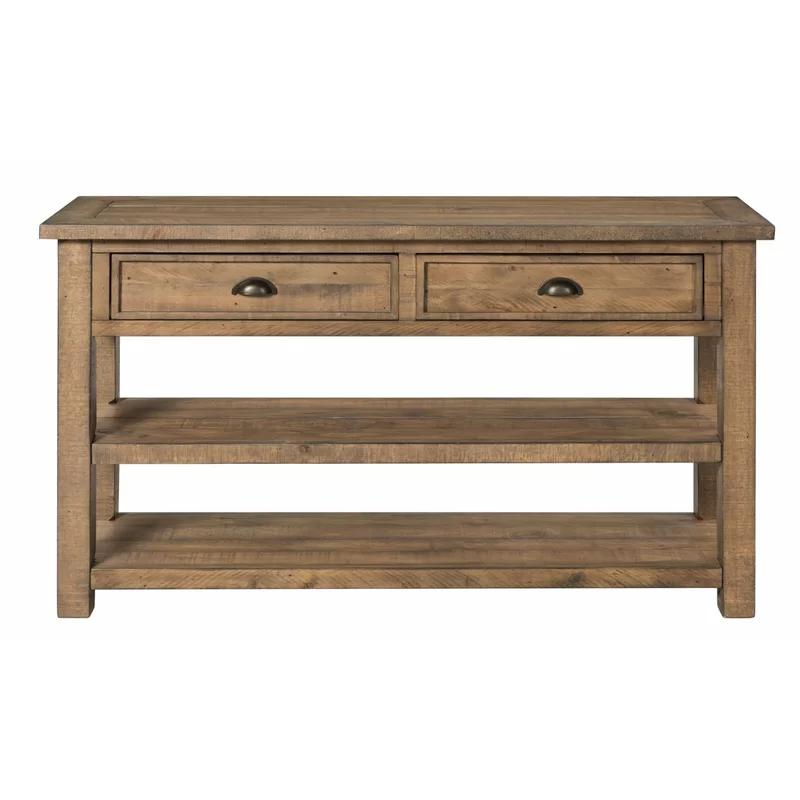 Coastal Brown Pine Wood Console Table with Metal Accents and Storage