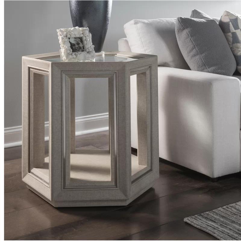 Contemporary Gray Hexagonal Wood & Glass End Table 22.50"