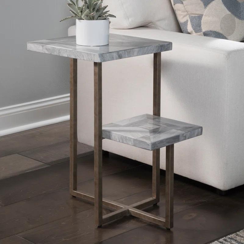 Silver Rectangular Stone and Metal Tiered Table