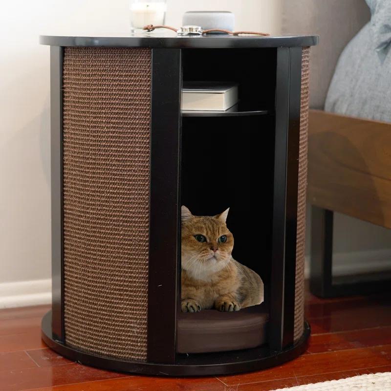Purrrrfect End Table Cat Bed - Wood Cat Furniture Nightstand, Replaceable Scratch Pad & Cushion
