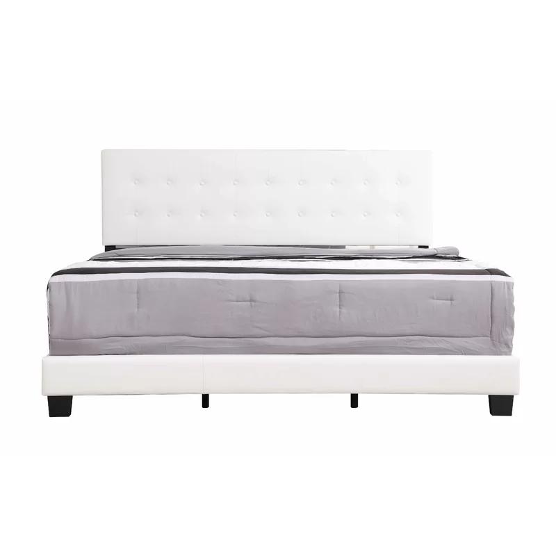 King White Faux Leather Tufted Upholstered Bed with Wood Frame