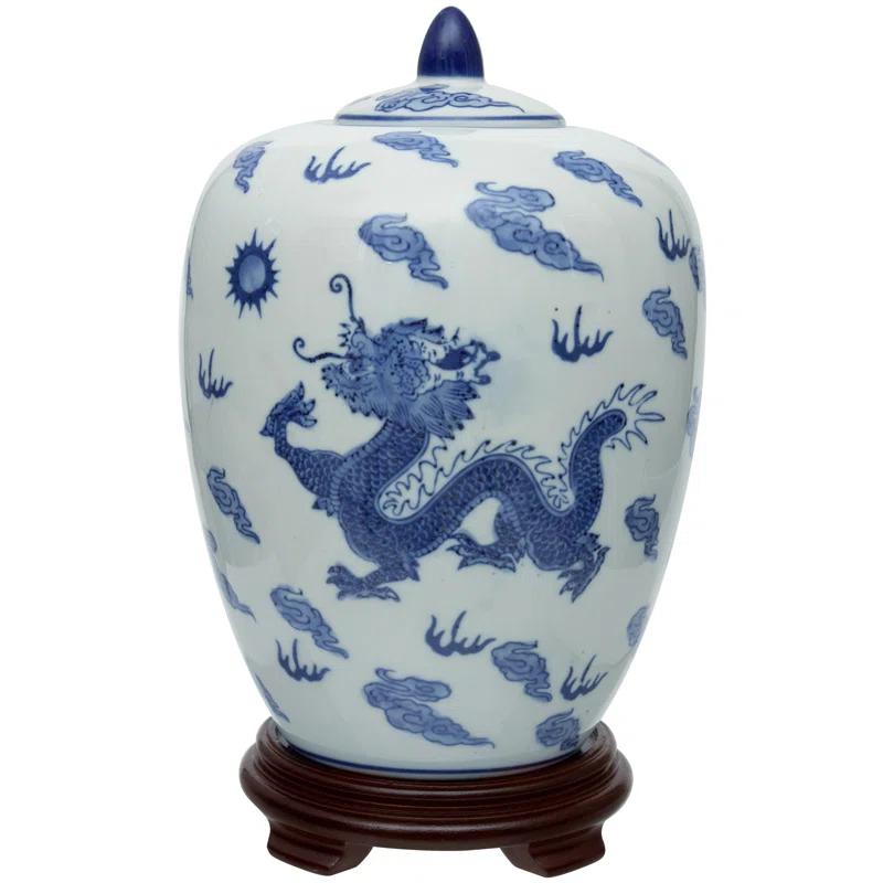 11" Dragon Blue & White Porcelain Vase Jar