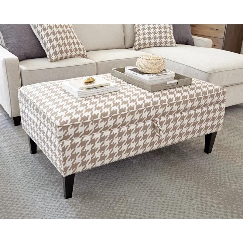 Transitional Beige Upholstered Storage Ottoman with Dark Wood Legs