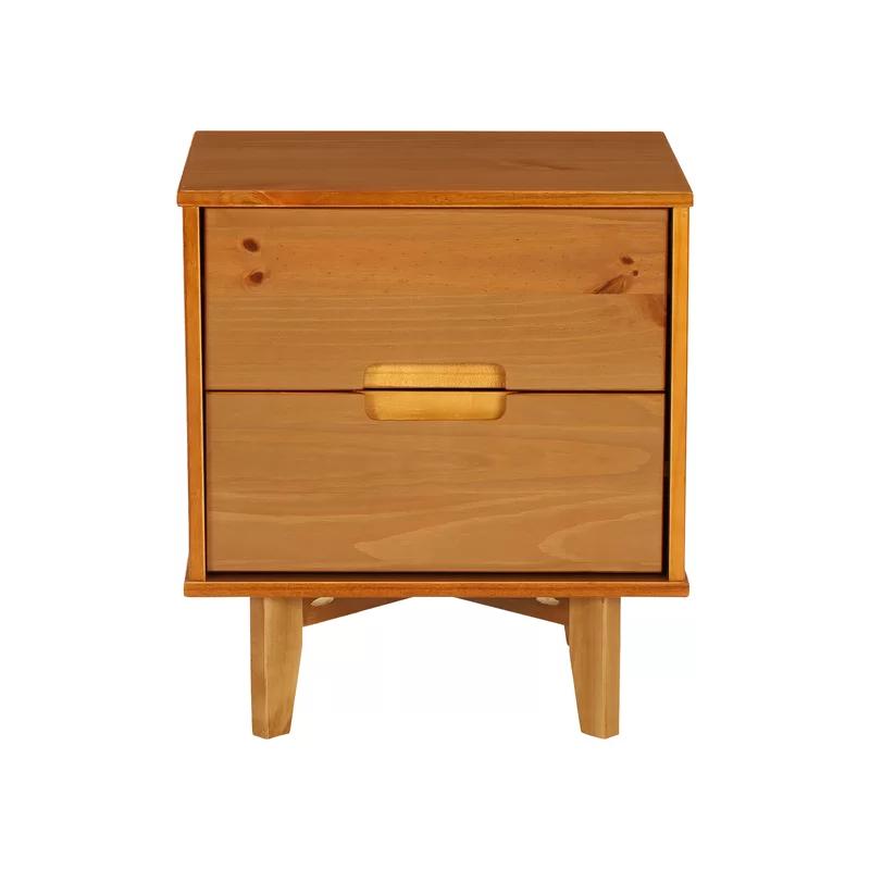 Caramel Solid Pine Mid-Century Modern Nightstand with Cutout Handles