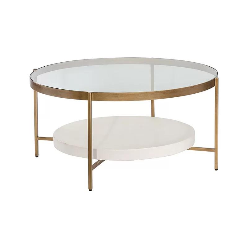 Transitional Round Glass-Top Outdoor Coffee Table with White Shelf