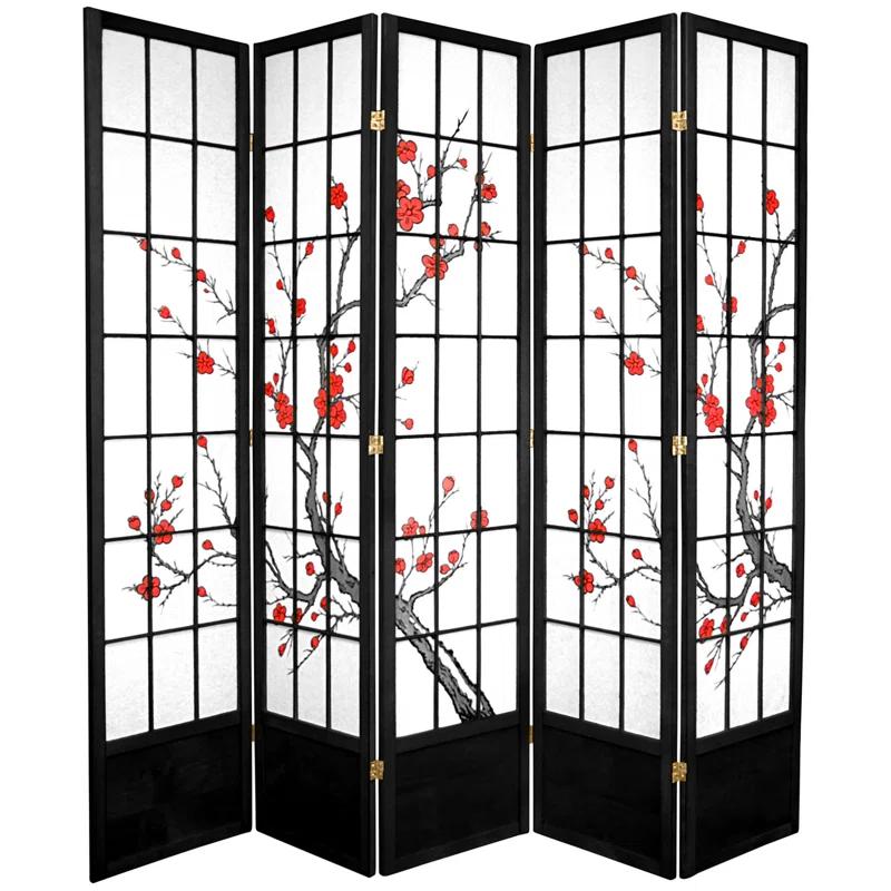 83.5" Black Cherry Blossom Shoji Room Divider with 5 Panels