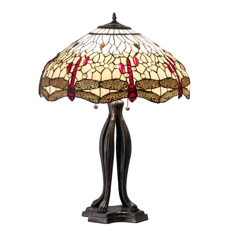 Scarlet Dragonfly 3-Light Stained Glass Desk Lamp in Mahogany Bronze