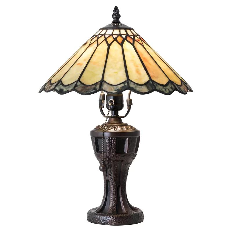 17" Mahogany Bronze and Green Stained Glass Table Lamp