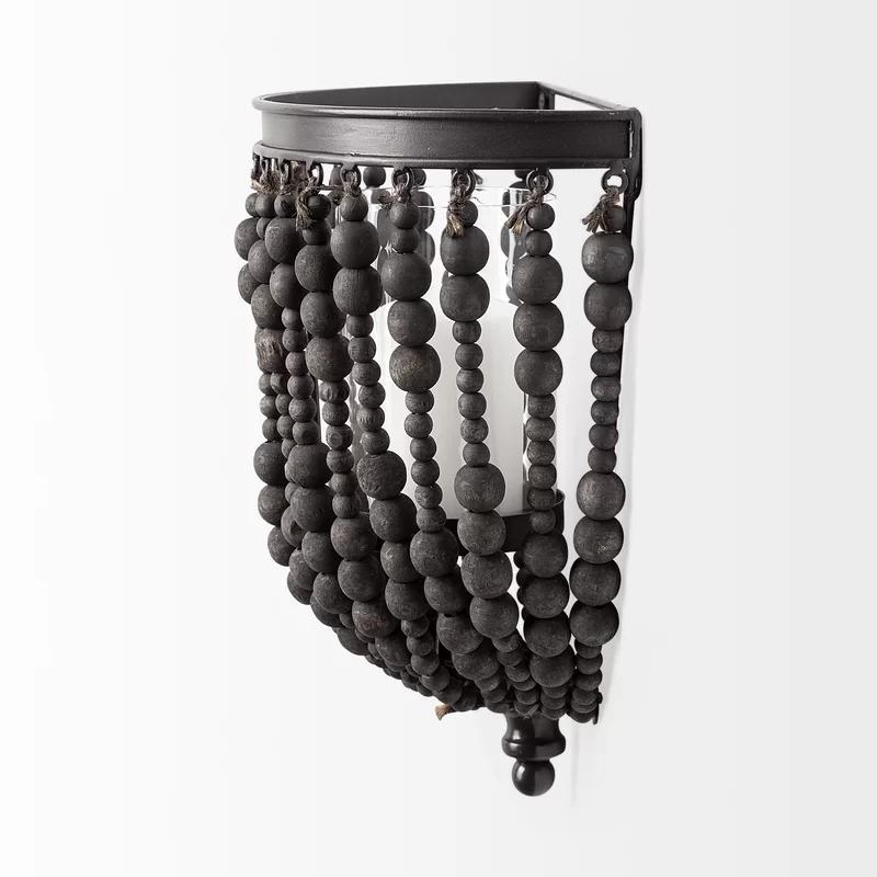 Liam II Distressed Black Metal & Wooden Bead Wall Candle Holder