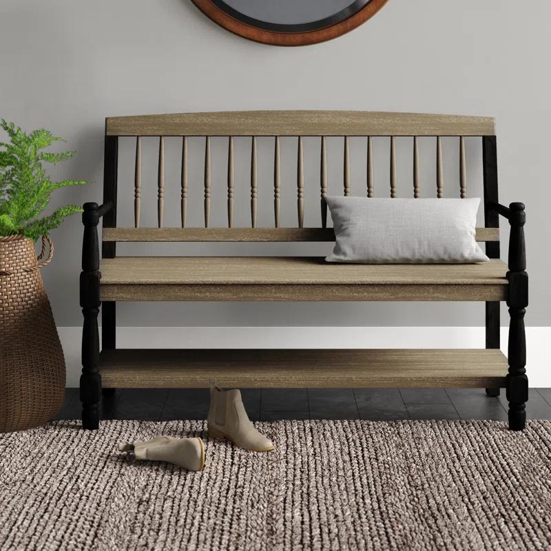 Gray and Black Acacia Wood Farmhouse Bench with Shelf