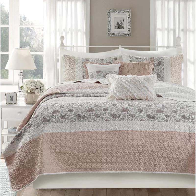 Blush Full Cotton Reversible Quilt Set with Decorative Pillows