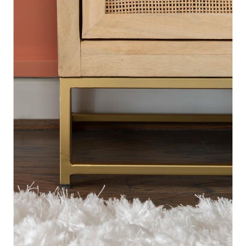 Janie Geometric Gold-Finish Rattan 2-Sliding Door Cabinet