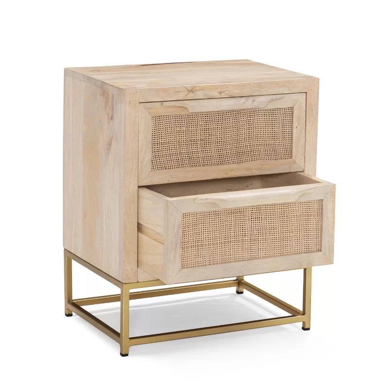 Janie 2-Drawer Natural Rattan and Gold Metal Office Cabinet