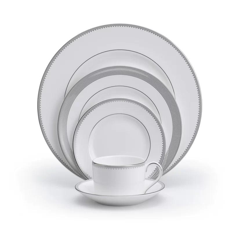 Elegant Porcelain 5-Piece Dining Set in Glossy White with Platinum Trim