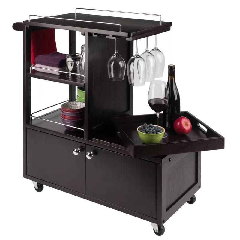 Winsome Espresso Transitional Kitchen Cart with Wine Storage and Serving Tray