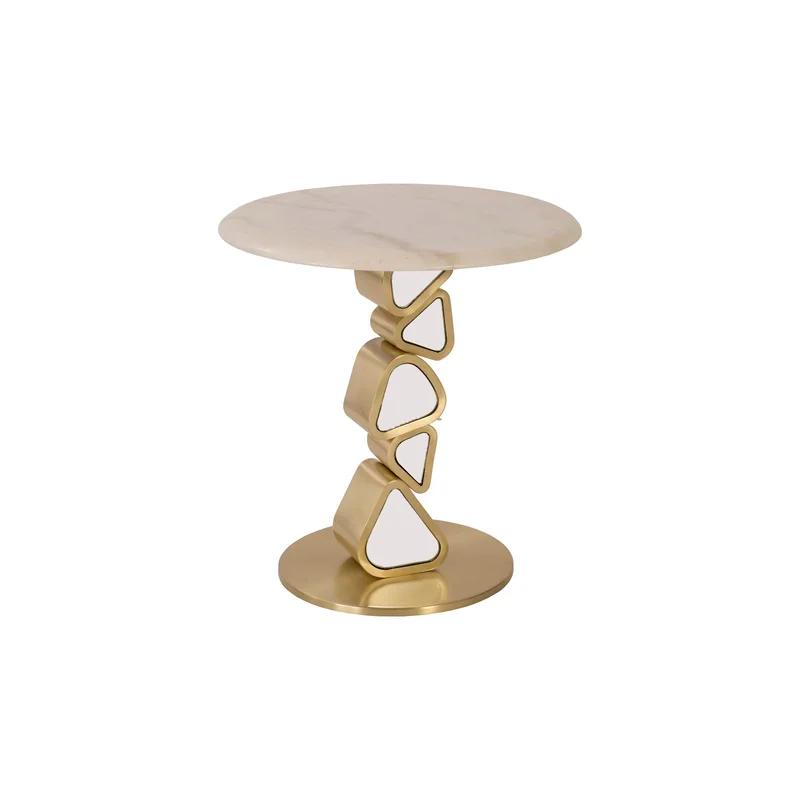 Contemporary Pebble Gold Round Stone and Metal End Table