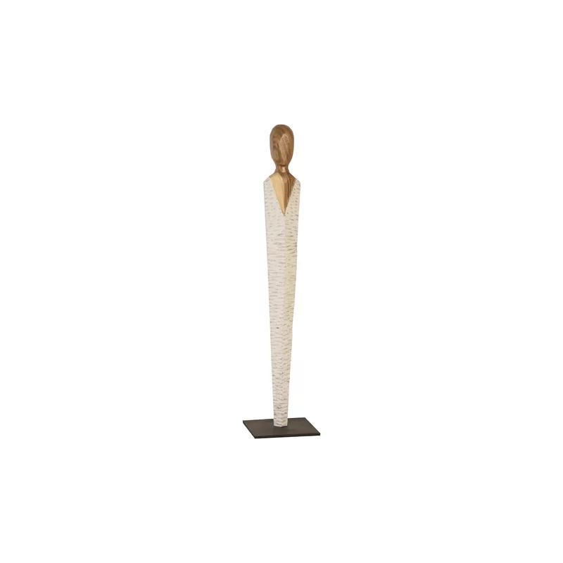 Contemporary White and Brown Wood Serene Human Figure Sculpture