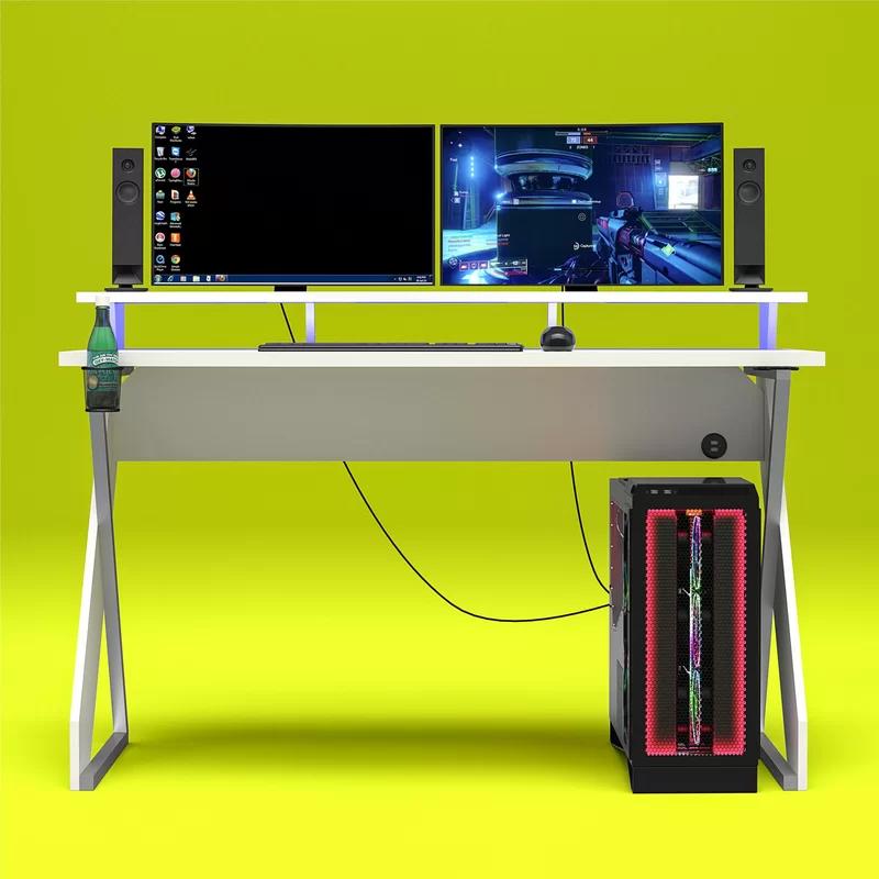 Xtreme White Gaming Desk with USB Ports and Cup Holder
