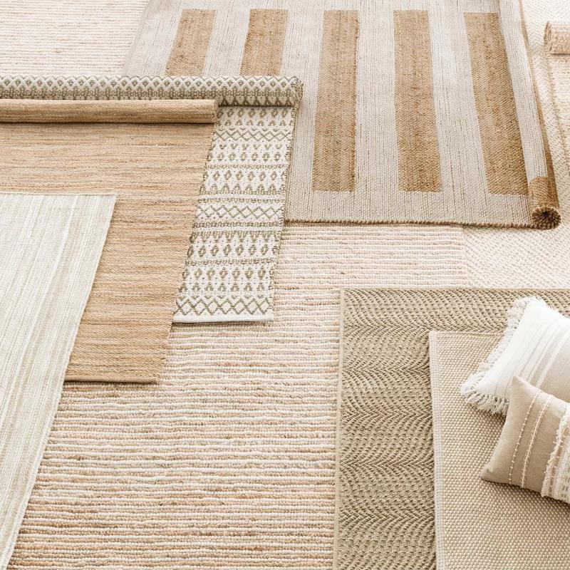 Ivory and Sand Hand-Knotted Wool Stripe Throw Rug 36" x 24"