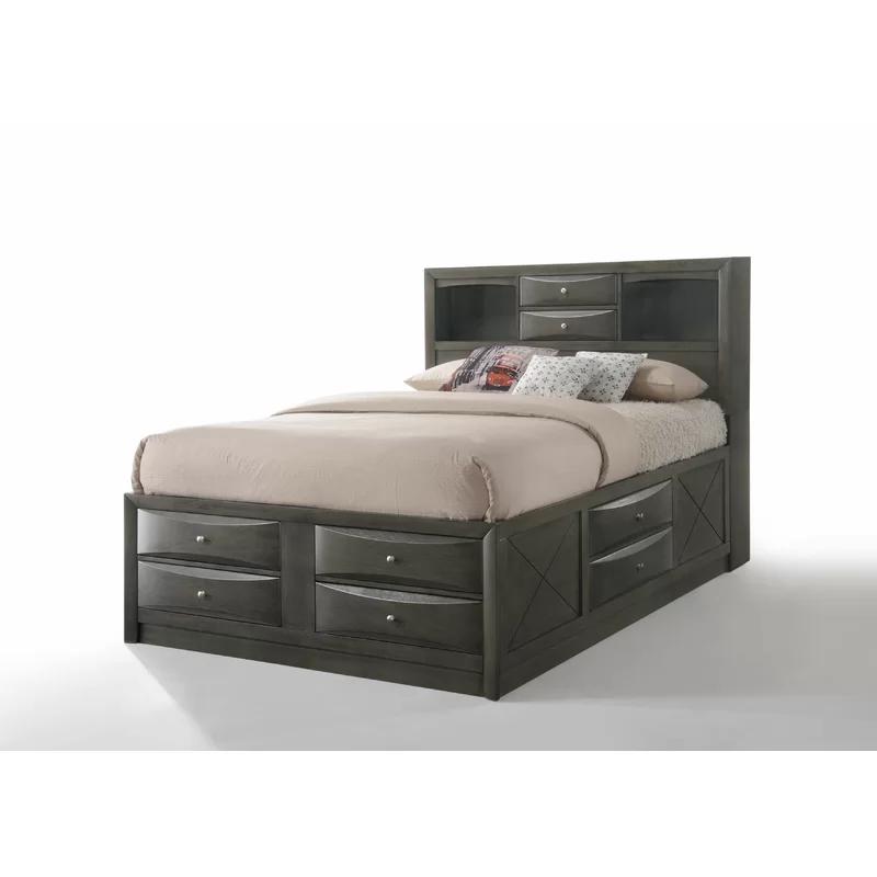 Transitional Gray Oak Queen Bed with Bookcase and Storage Drawers