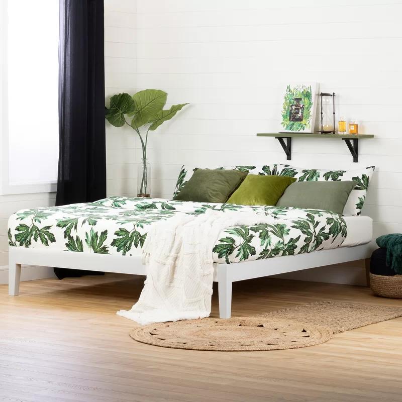 Minimalist White King Platform Bed with Symmetric Wood Frame