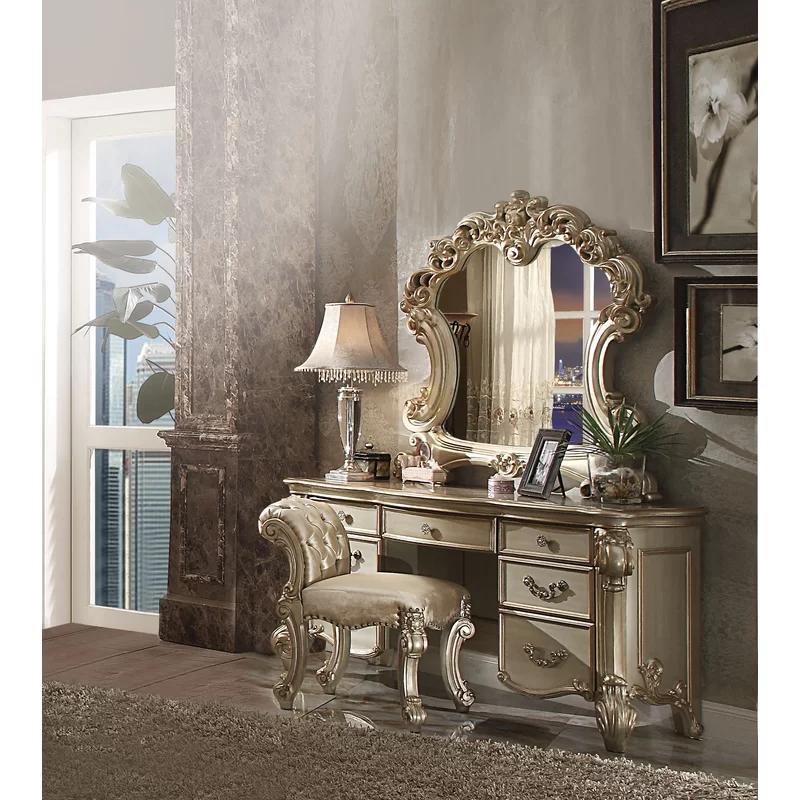 Elegant Gold Patina & Bone Vanity Desk with Oversized Scroll Legs