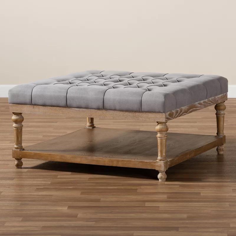 Gray Linen Tufted Cocktail Ottoman with Storage Shelf