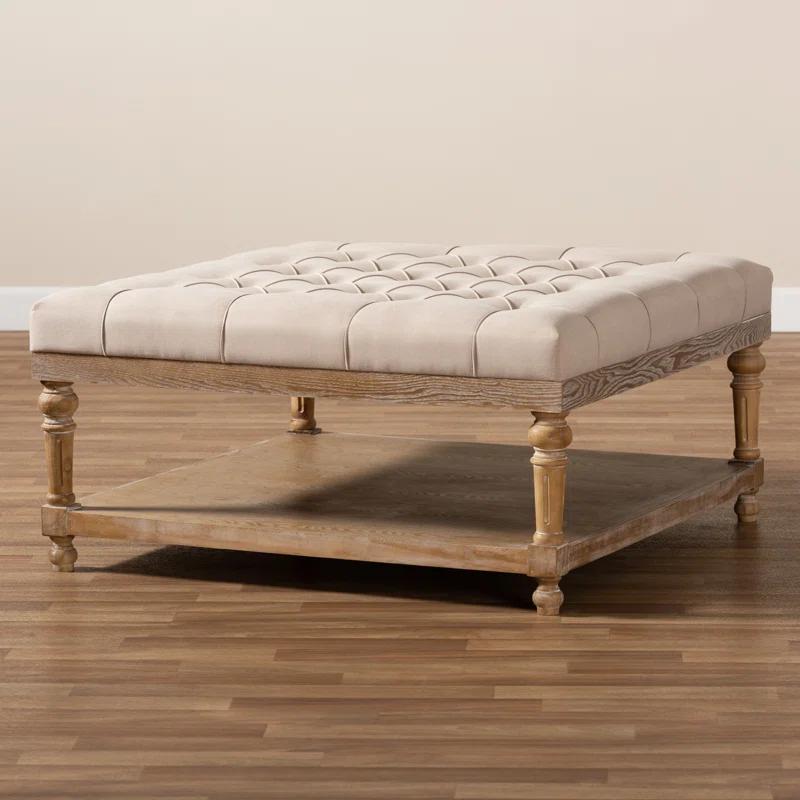 Elegant Beige Linen and Greywashed Wood Tufted Cocktail Ottoman