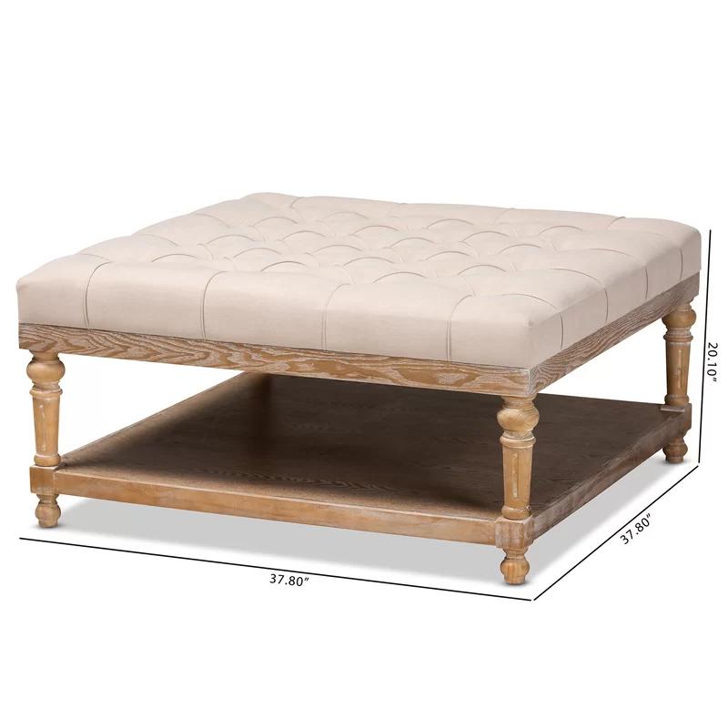 Elegant Beige Linen and Greywashed Wood Tufted Cocktail Ottoman