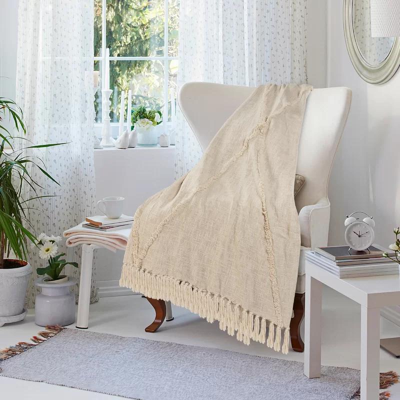 Birch & Cream Handwoven Cotton Throw Blanket with Fringe Accents