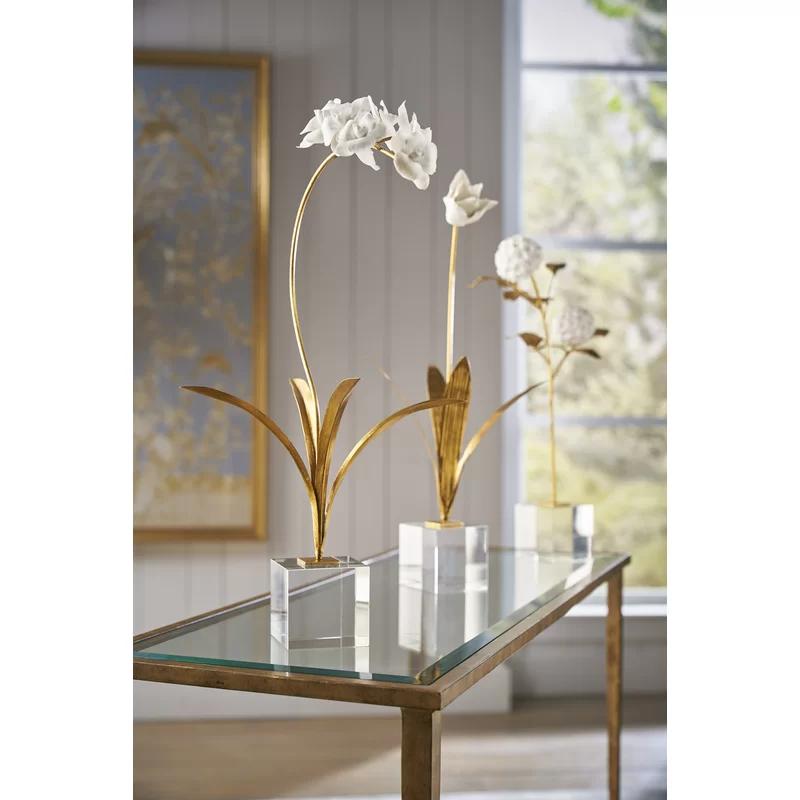 Elegant Matte White Ceramic Orchid Sculpture on Crystal Stand