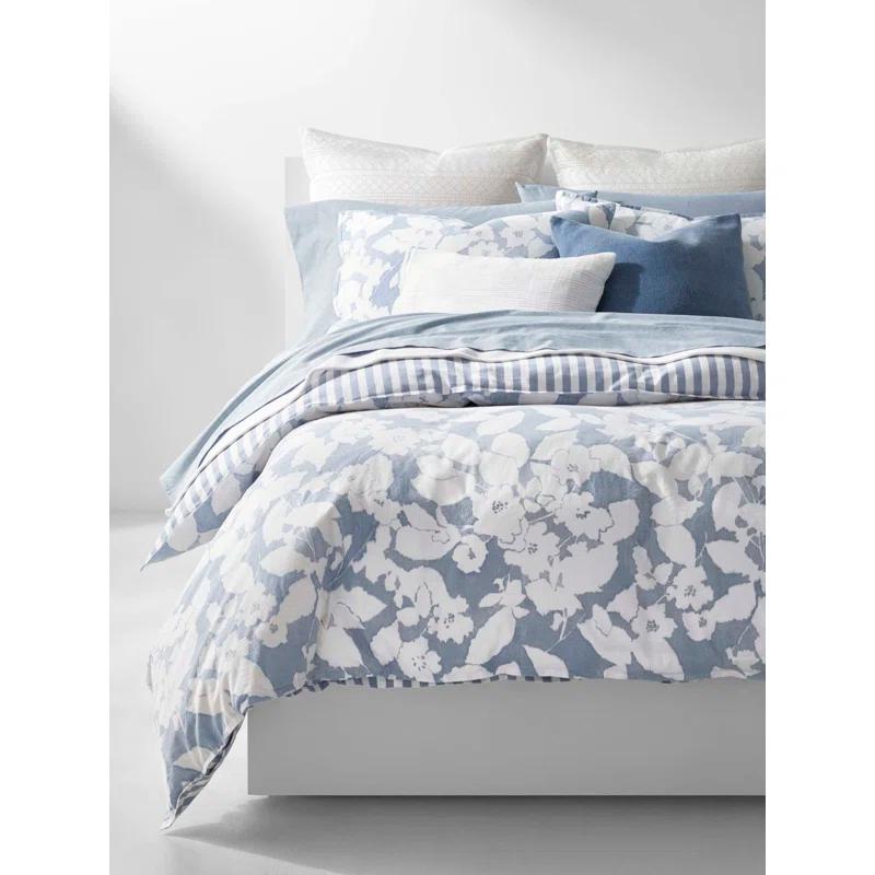 Full/Queen Blue Cotton Reversible Floral Comforter Set