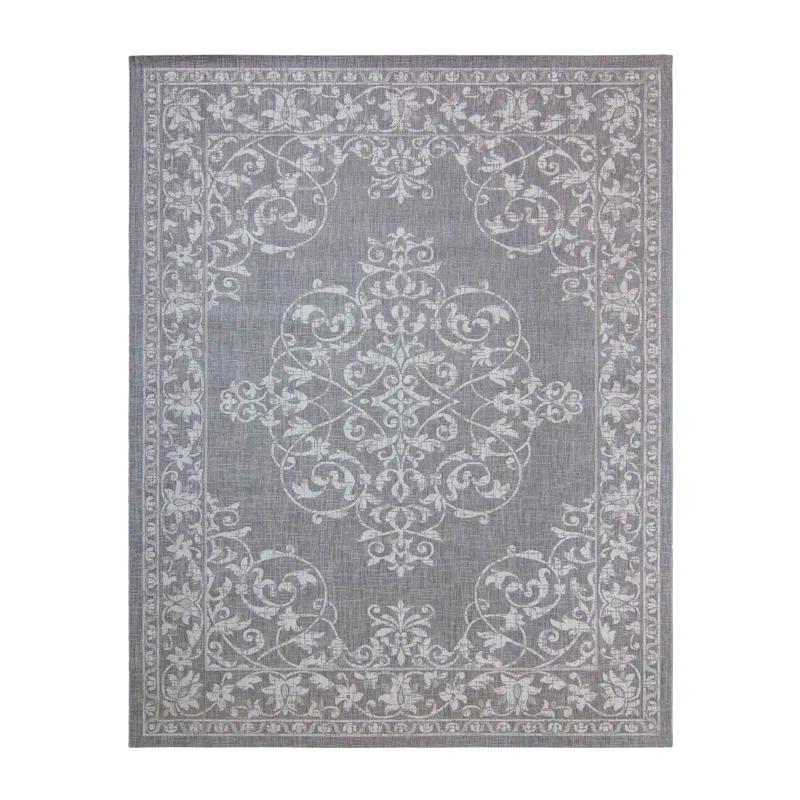 Paseo Ryoan Gray/Silver Traditional Medallion Flatweave Indoor/Outdoor Area Rug