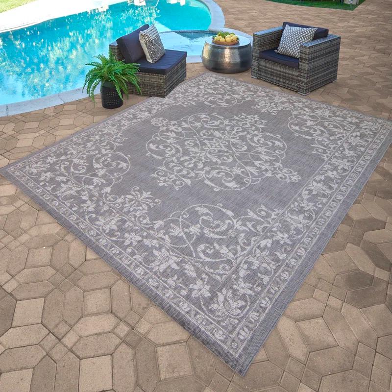 Paseo Ryoan Gray/Silver Traditional Medallion Flatweave Indoor/Outdoor Area Rug