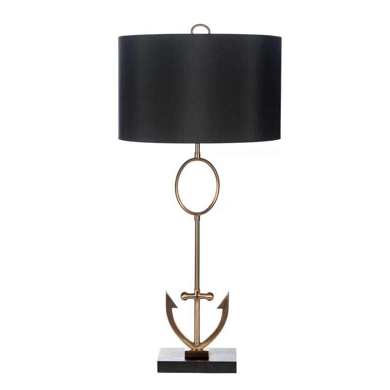 Anchor Emblem Black Linen Drum Shade Metal Table Lamp