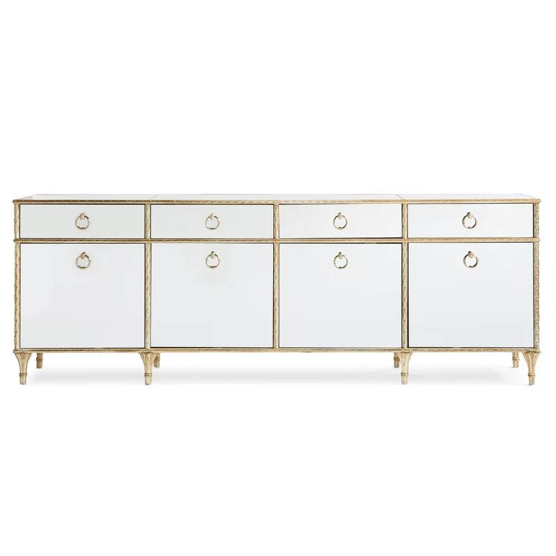 Aglow Gold & White Baroque-Inspired 100'' Media Console with Mirrored Exterior