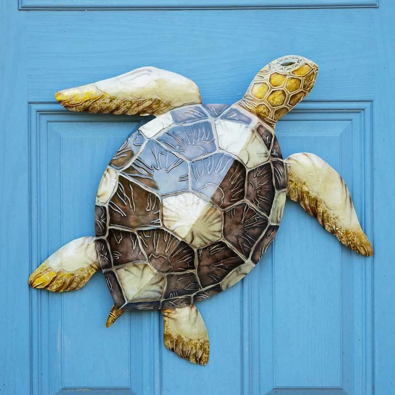 Handcrafted Coastal Loggerhead Turtle Wall Art in Brown Capiz Shell