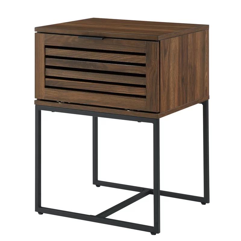 18" Dark Walnut Round Wood & Metal Nightstand with Storage