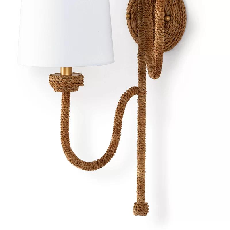 Charming Gold Linen Shade Wicker Rattan Double Wall Sconce