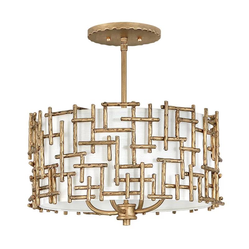 Farrah Burnished Gold Contemporary Drum Pendant with White Linen Shade