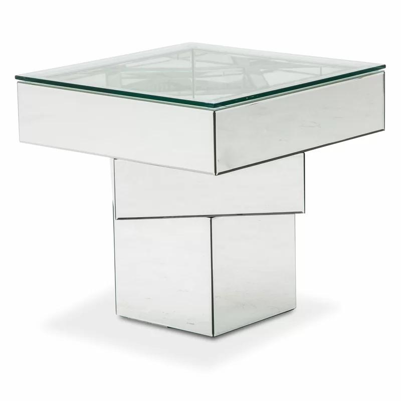Contemporary Mirrored Silver Wood & Glass Square End Table