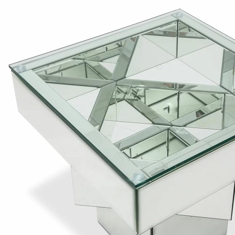 Contemporary Mirrored Silver Wood & Glass Square End Table